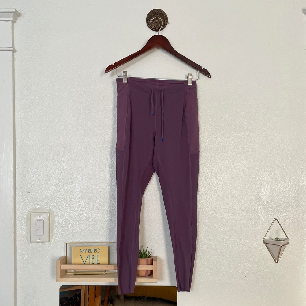 Janji Groundwork Tights Women Medium Purple Running Leggings Pockets Drawstring